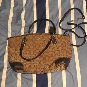 Coach Brown Signature Canvas Shoulder Tote with Dark Brown Trim